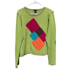 Vintage Lauren Hansen Green Geometric Motif 100% Cashmere Crewneck Sweater. Sz L